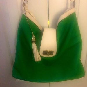 Green and white tote handbag